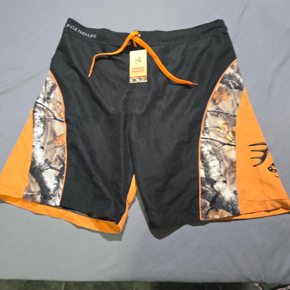 Legendary Whitetails Board Shorts Mens 2XL Orange Black Camo Buck Swim Trunks
